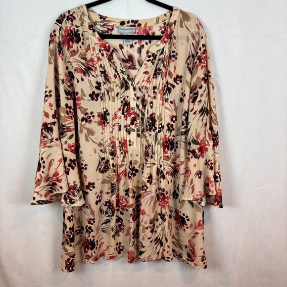 Catherines Womens lightweight pink floral 3/4 bell sleeve‎ blouse sz 2x workwear - Picture 1 of 12
